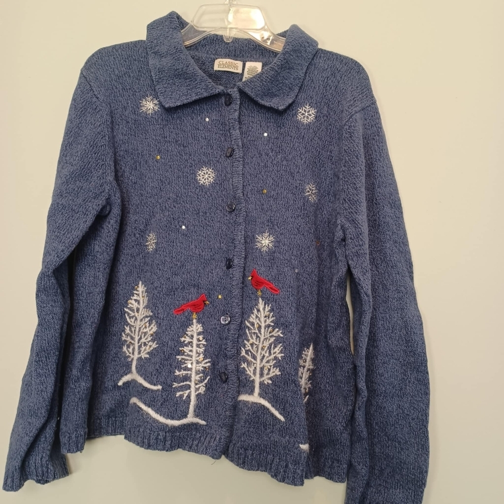 Classic Elements Sweater XL Blue Christmas Red Cardinal Bird ButtonDown Cardigan
